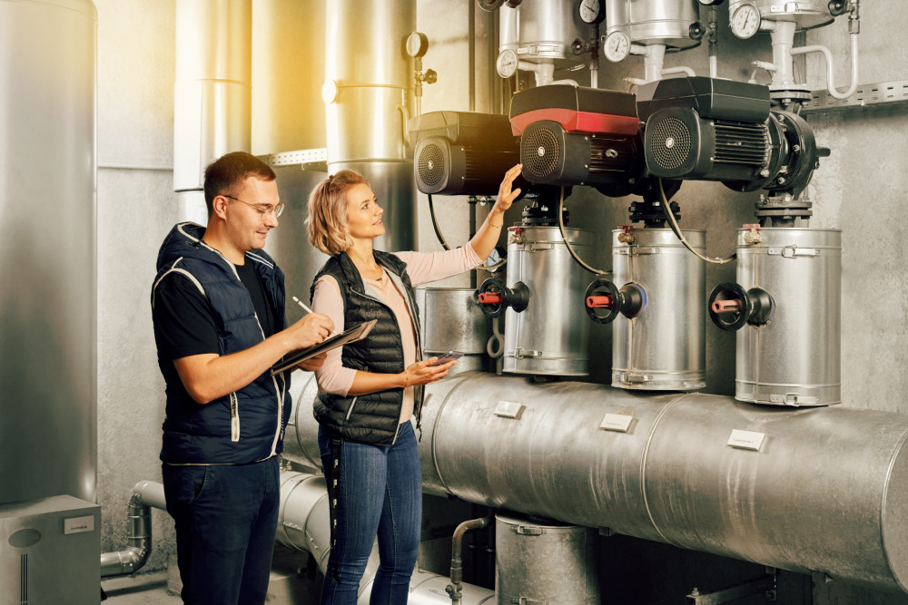 Technikerin erklärt Funktion einer Heizungsanlage