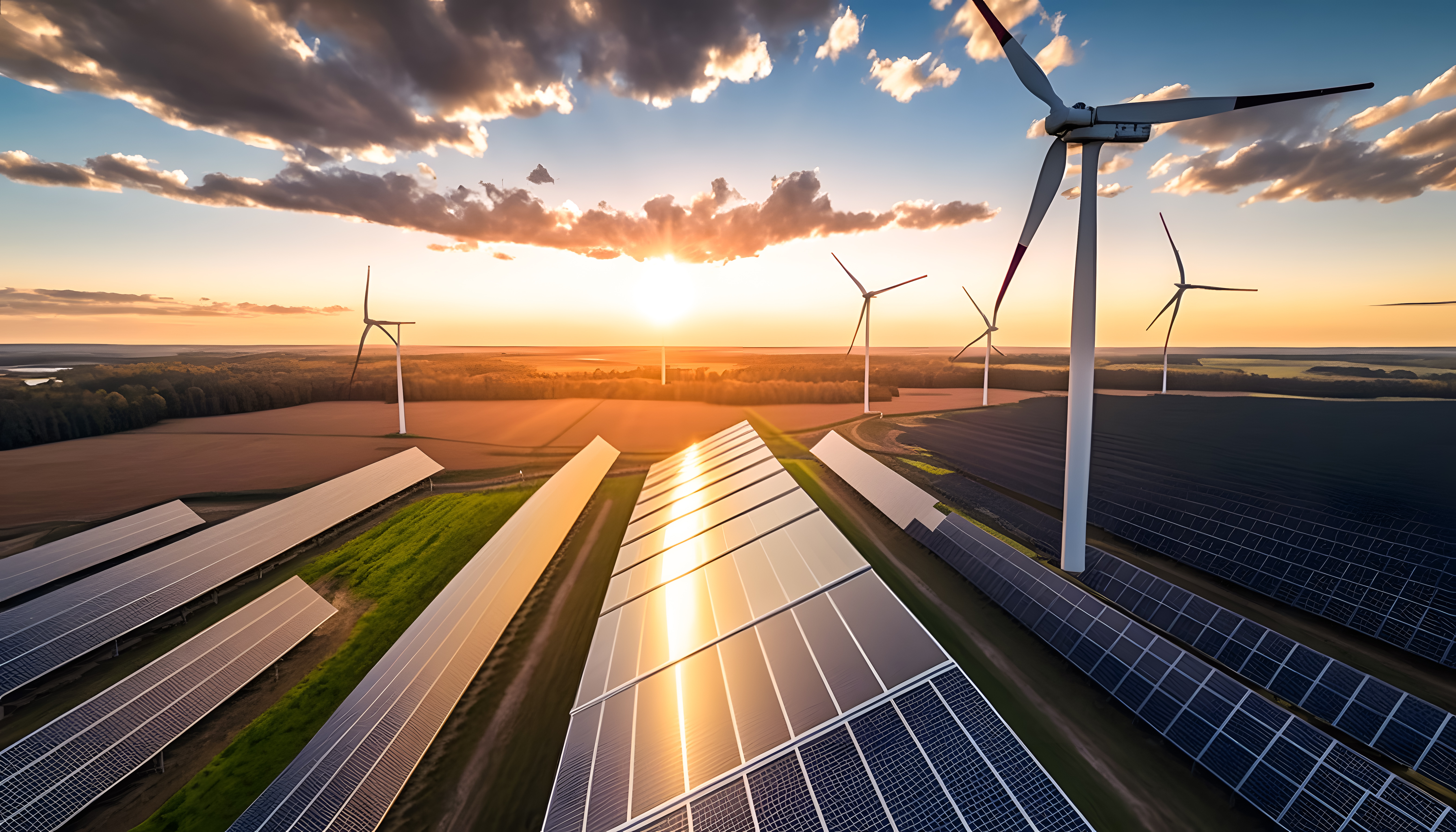 Photovoltaikanlage und Windräder im Sonnenuntergang
