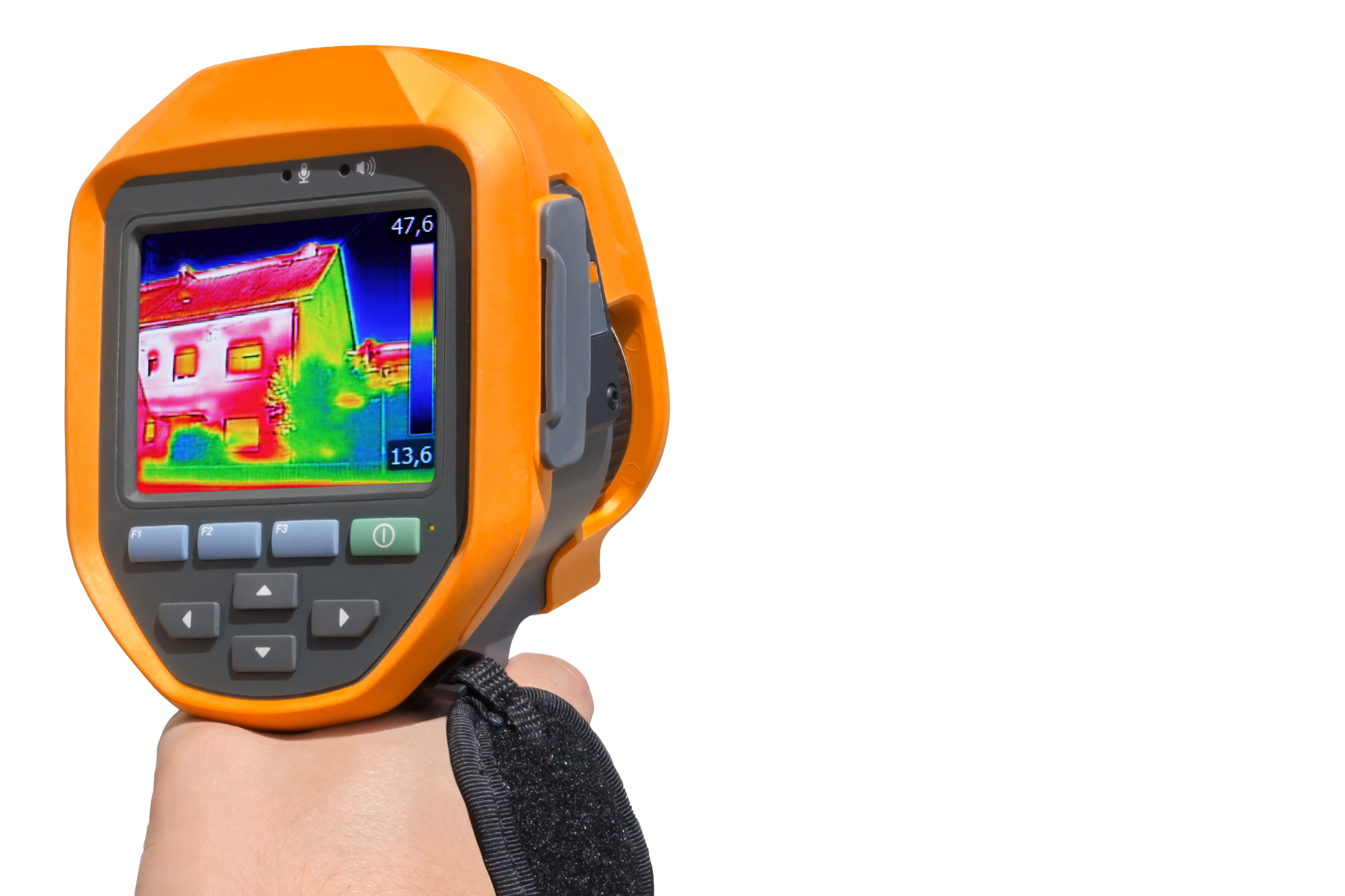 Hand mit einem Thermografie-Messgerät, welches ein Haus abscannt