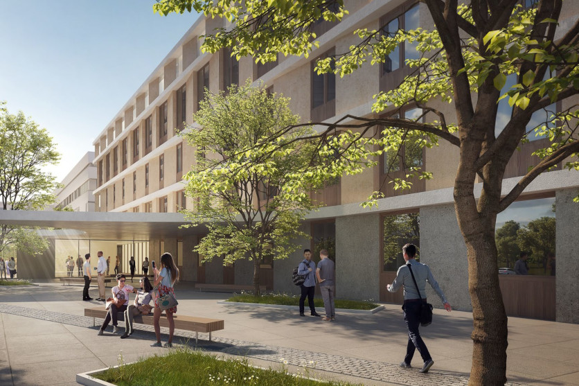 Klinikum Chemnitz UEO-Gebäude mit Menschen